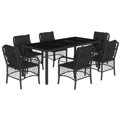 7 Piece Garden Dining Set with Cushions Black Poly Rattan