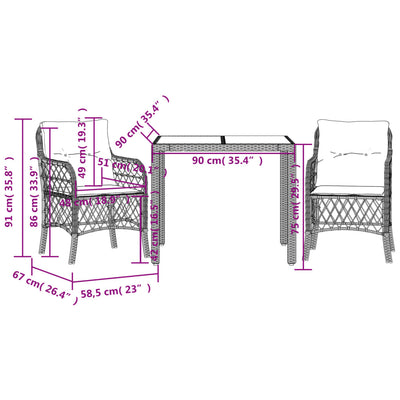 3 Piece Bistro Set with Cushions Grey Poly Rattan