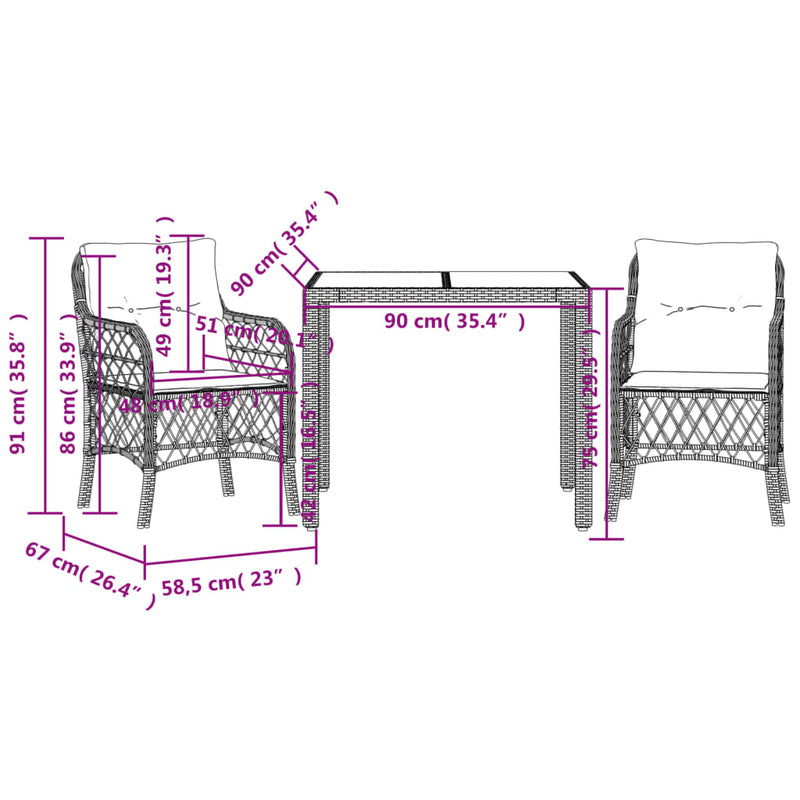 3 Piece Bistro Set with Cushions Grey Poly Rattan