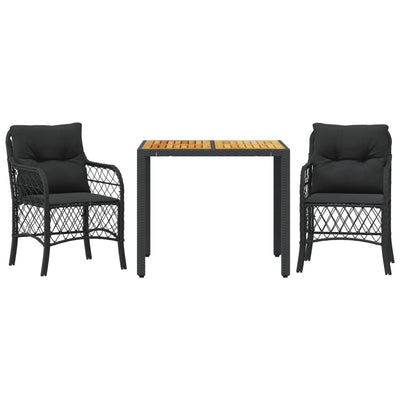 3 Piece Bistro Set with Cushions Black Poly Rattan