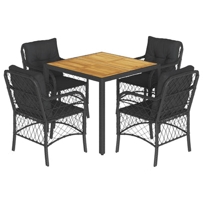 5 Piece Garden Dining Set with Cushions Black Poly Rattan