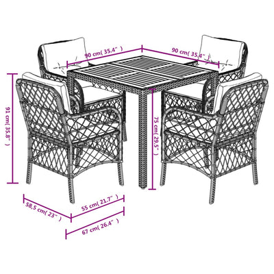 5 Piece Garden Dining Set with Cushions Black Poly Rattan