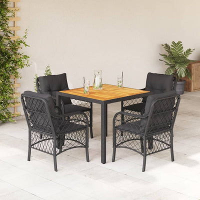 5 Piece Garden Dining Set with Cushions Black Poly Rattan