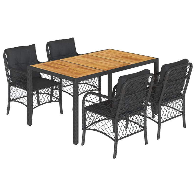 5 Piece Garden Dining Set with Cushions Black Poly Rattan