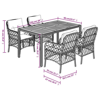 5 Piece Garden Dining Set with Cushions Black Poly Rattan