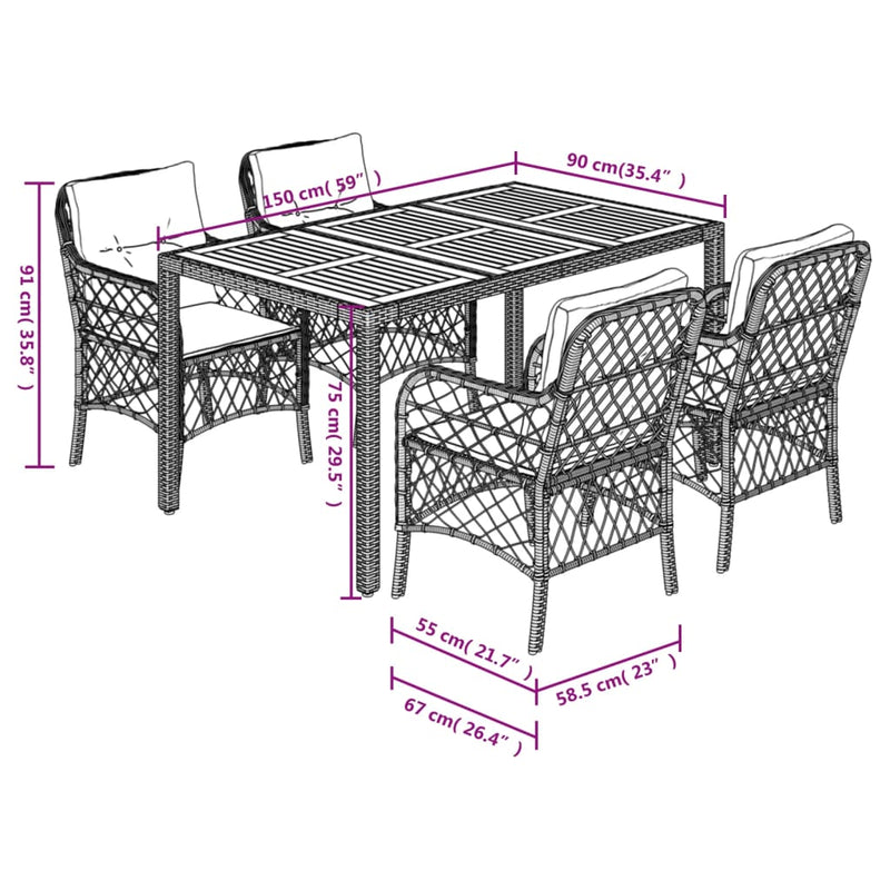 5 Piece Garden Dining Set with Cushions Black Poly Rattan