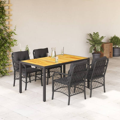 5 Piece Garden Dining Set with Cushions Black Poly Rattan