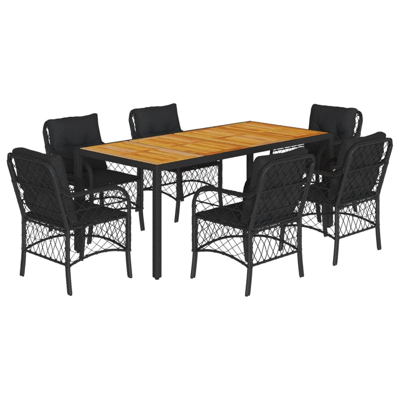 7 Piece Garden Dining Set with Cushions Black Poly Rattan