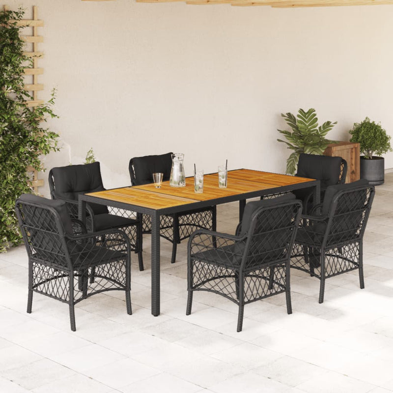 7 Piece Garden Dining Set with Cushions Black Poly Rattan