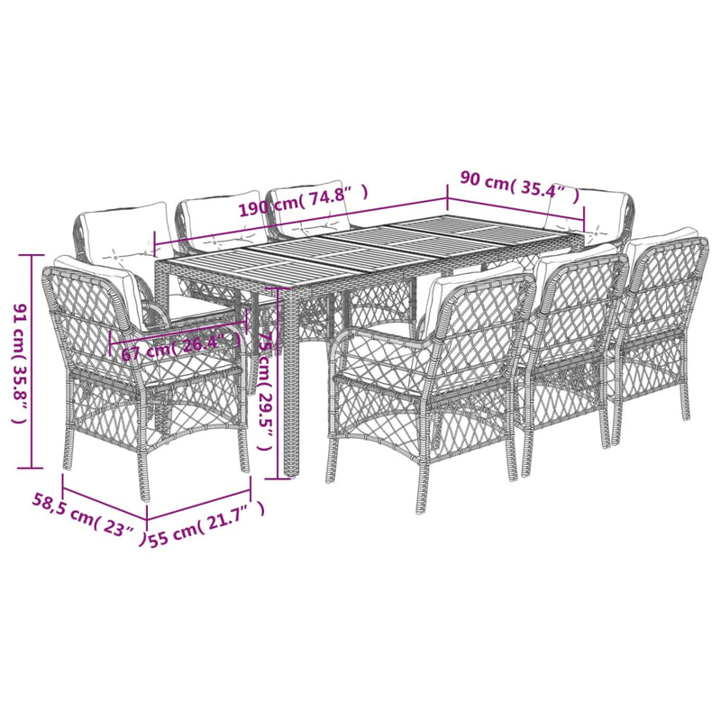 9 Piece Garden Dining Set with Cushions Black Poly Rattan