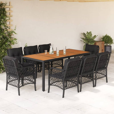 9 Piece Garden Dining Set with Cushions Black Poly Rattan