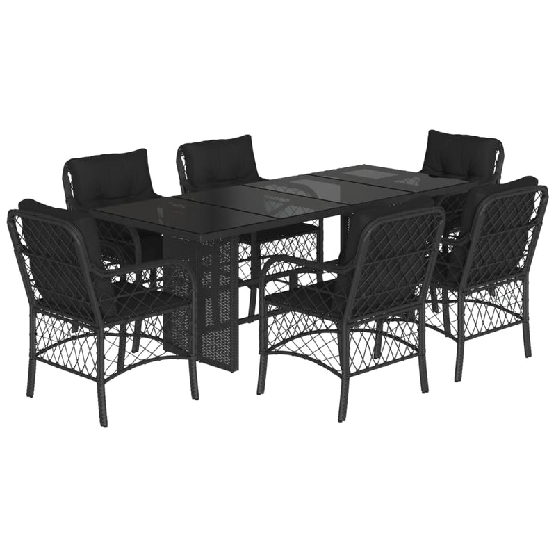 7 Piece Garden Dining Set with Cushions Black Poly Rattan