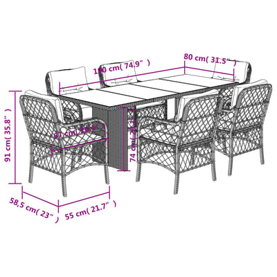 7 Piece Garden Dining Set with Cushions Black Poly Rattan