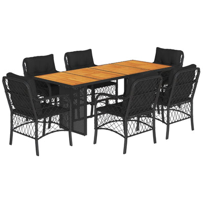 7 Piece Garden Dining Set with Cushions Black Poly Rattan