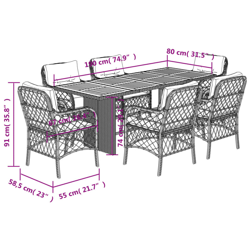 7 Piece Garden Dining Set with Cushions Black Poly Rattan