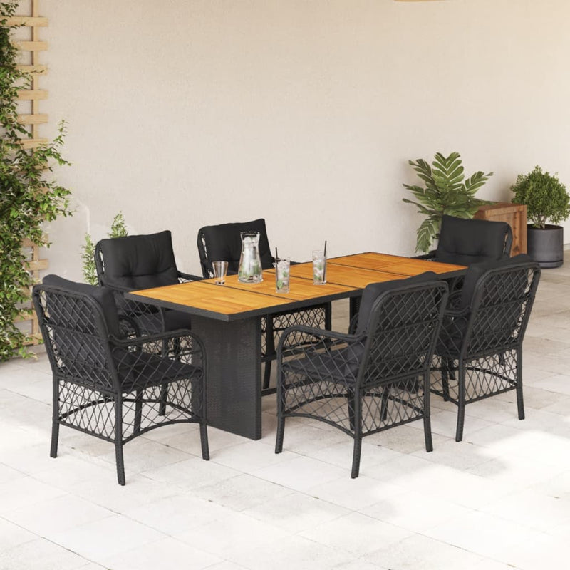 7 Piece Garden Dining Set with Cushions Black Poly Rattan