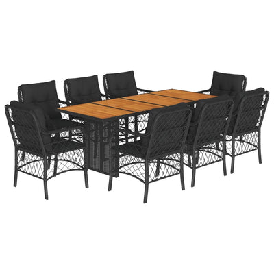 9 Piece Garden Dining Set with Cushions Black Poly Rattan