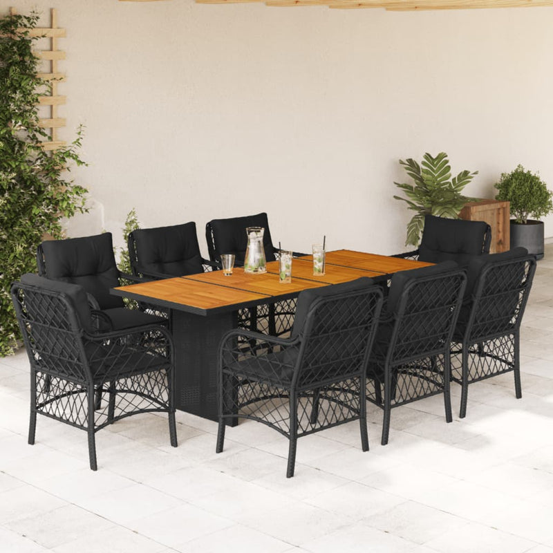 9 Piece Garden Dining Set with Cushions Black Poly Rattan