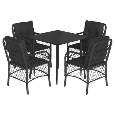 5 Piece Garden Dining Set with Cushions Black Poly Rattan