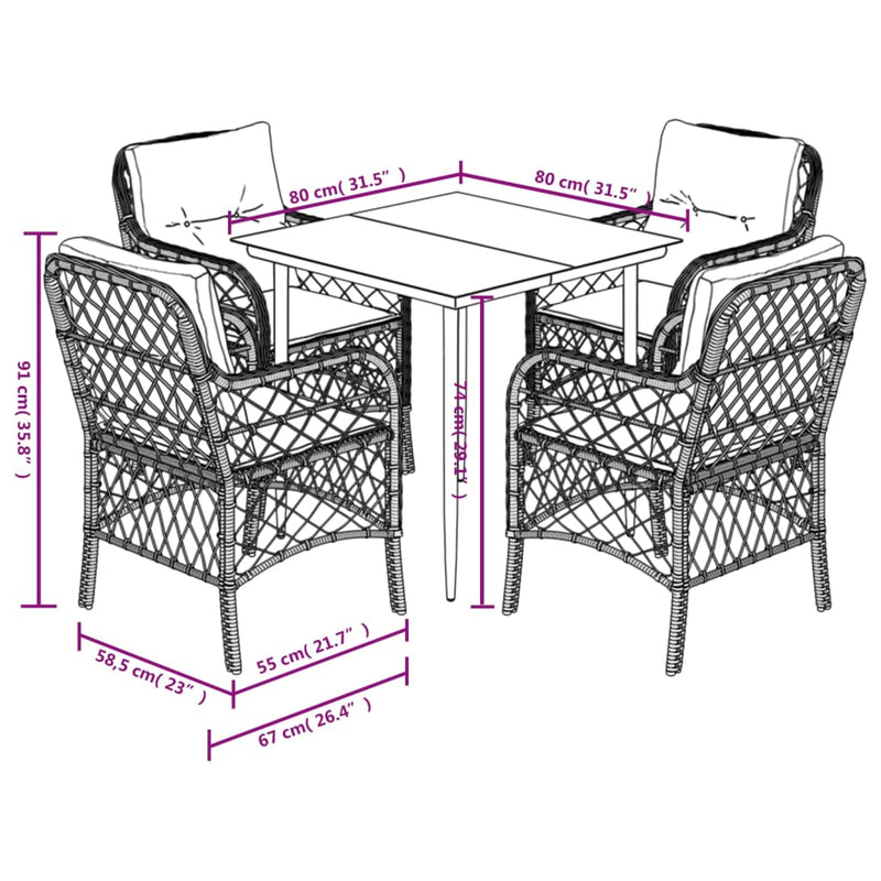 5 Piece Garden Dining Set with Cushions Black Poly Rattan