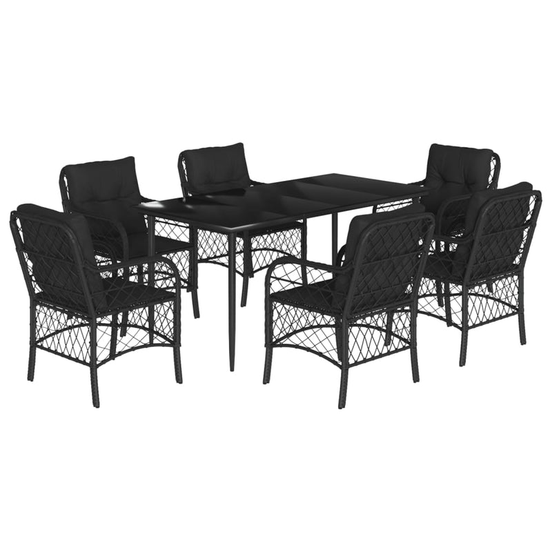 7 Piece Garden Dining Set with Cushions Black Poly Rattan