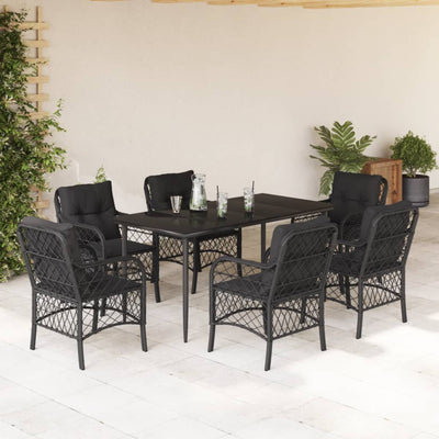 7 Piece Garden Dining Set with Cushions Black Poly Rattan