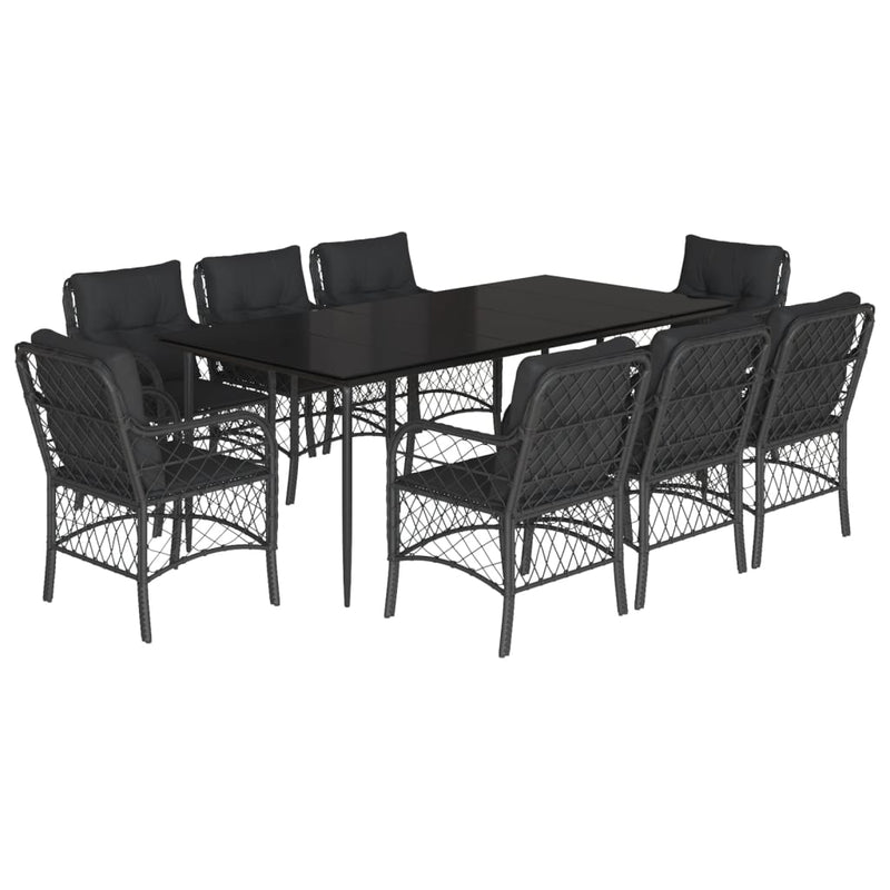 9 Piece Garden Dining Set with Cushions Black Poly Rattan