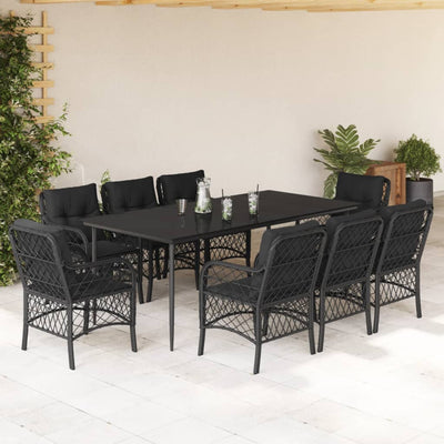 9 Piece Garden Dining Set with Cushions Black Poly Rattan