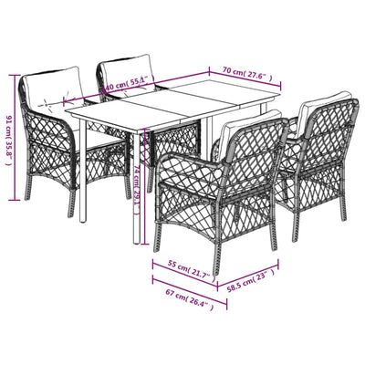 5 Piece Garden Dining Set with Cushions Black Poly Rattan