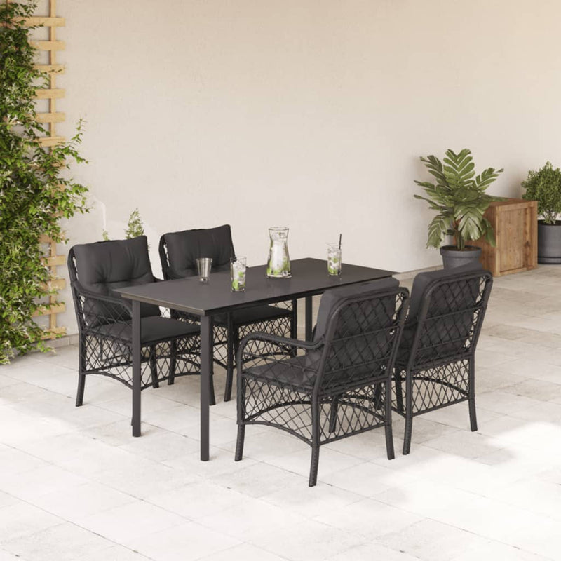 5 Piece Garden Dining Set with Cushions Black Poly Rattan