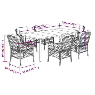 7 Piece Garden Dining Set with Cushions Black Poly Rattan