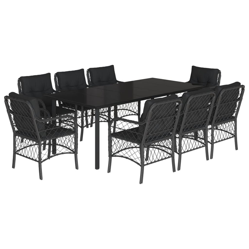 9 Piece Garden Dining Set with Cushions Black Poly Rattan