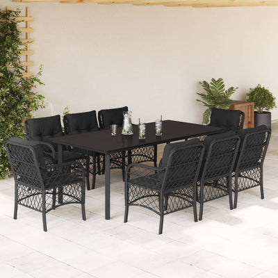 9 Piece Garden Dining Set with Cushions Black Poly Rattan