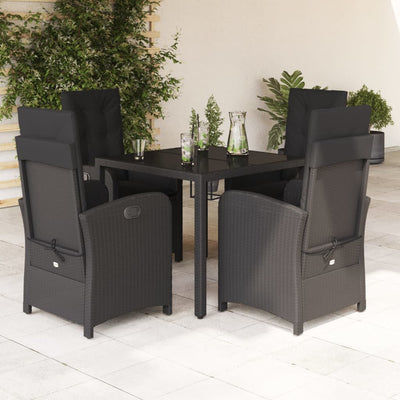 5 Piece Garden Dining Set with Cushions Black Poly Rattan