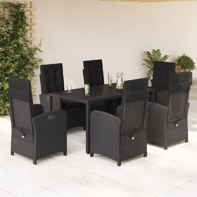 7 Piece Garden Dining Set with Cushions Black Poly Rattan