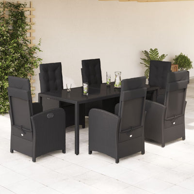 7 Piece Garden Dining Set with Cushions Black Poly Rattan