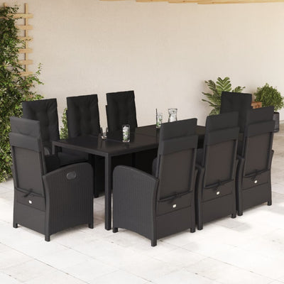 9 Piece Garden Dining Set with Cushions Black Poly Rattan