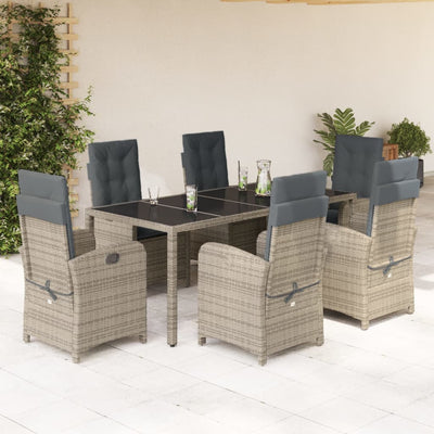 7 Piece Garden Dining Set with Cushions Grey Poly Rattan