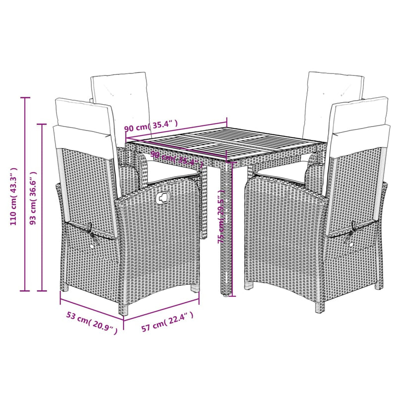 5 Piece Garden Dining Set with Cushions Black Poly Rattan