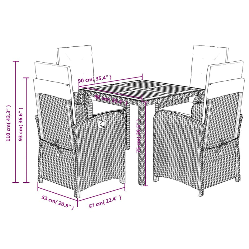 5 Piece Garden Dining Set with Cushions Black Poly Rattan