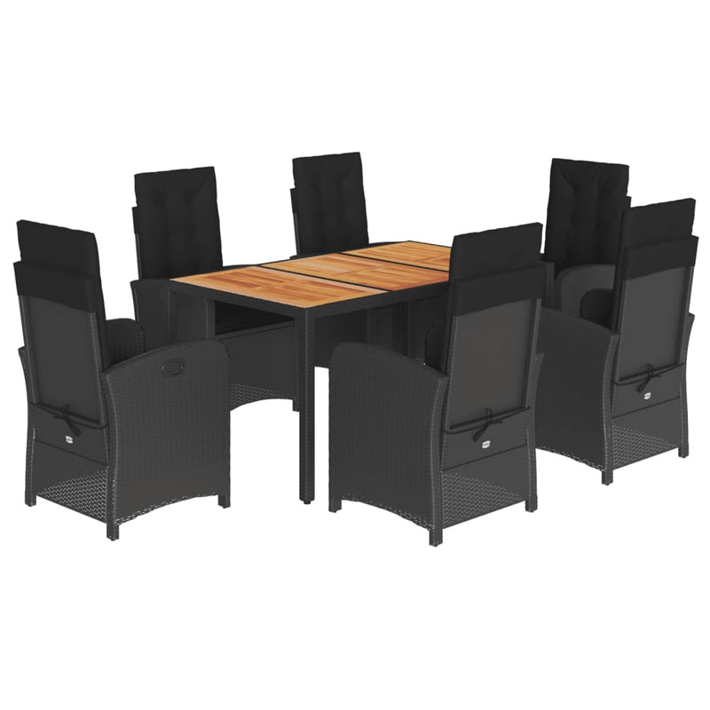 7 Piece Garden Dining Set with Cushions Black Poly Rattan