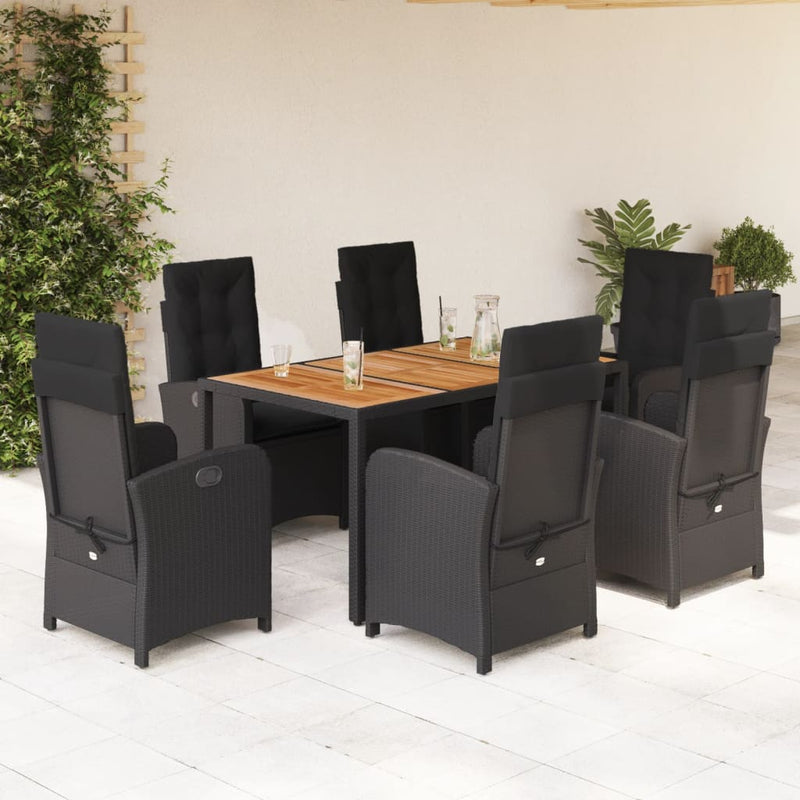 7 Piece Garden Dining Set with Cushions Black Poly Rattan