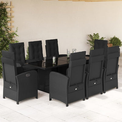 9 Piece Garden Dining Set with Cushions Black Poly Rattan