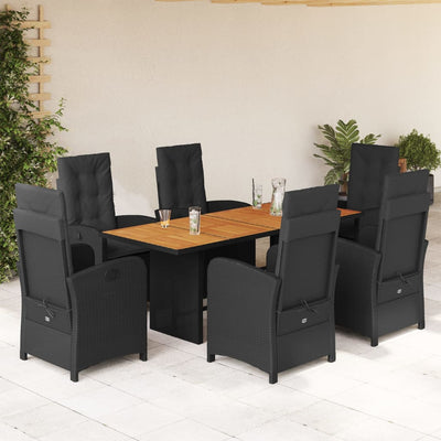 7 Piece Garden Dining Set with Cushions Black Poly Rattan