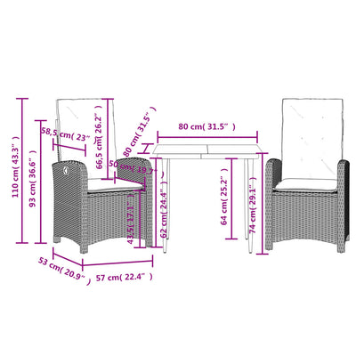 3 Piece Garden Dining Set with Cushions Black Poly Rattan