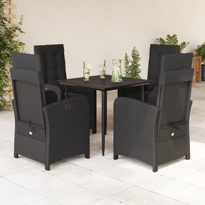 5 Piece Garden Dining Set with Cushions Black Poly Rattan