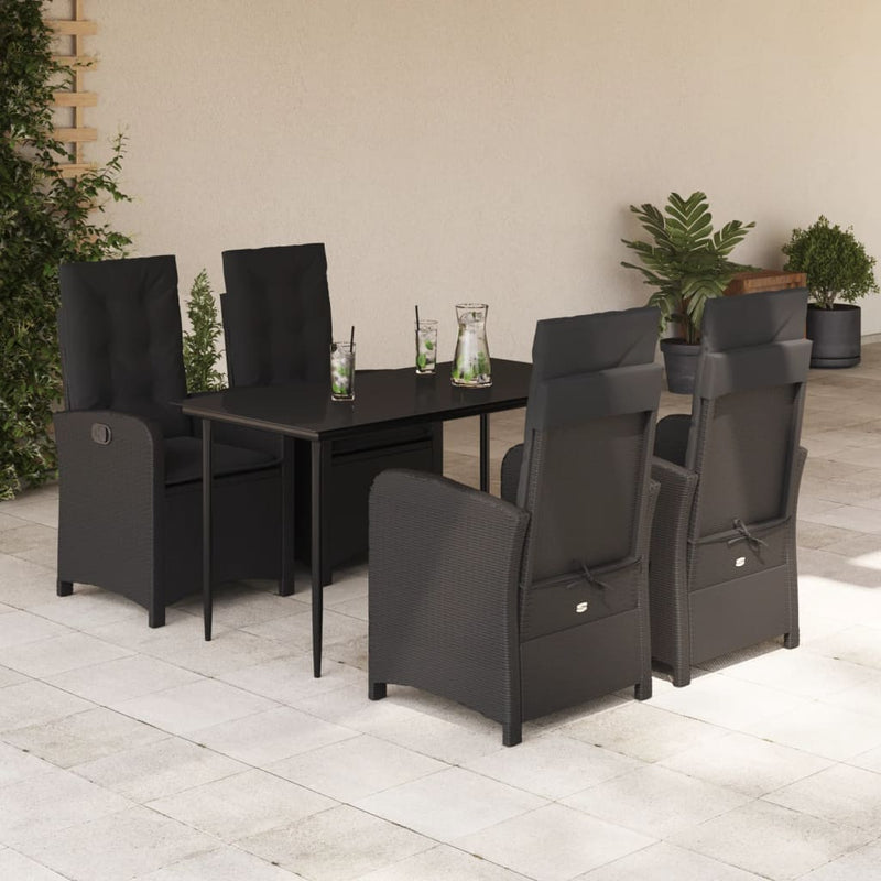 5 Piece Garden Dining Set with Cushions Black Poly Rattan