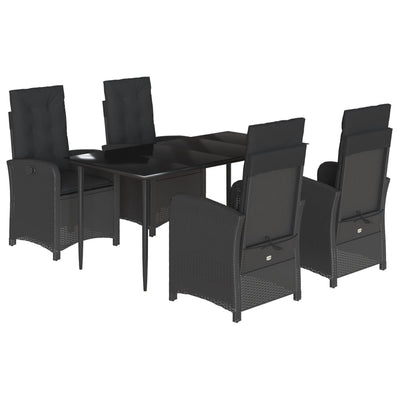 5 Piece Garden Dining Set with Cushions Black Poly Rattan