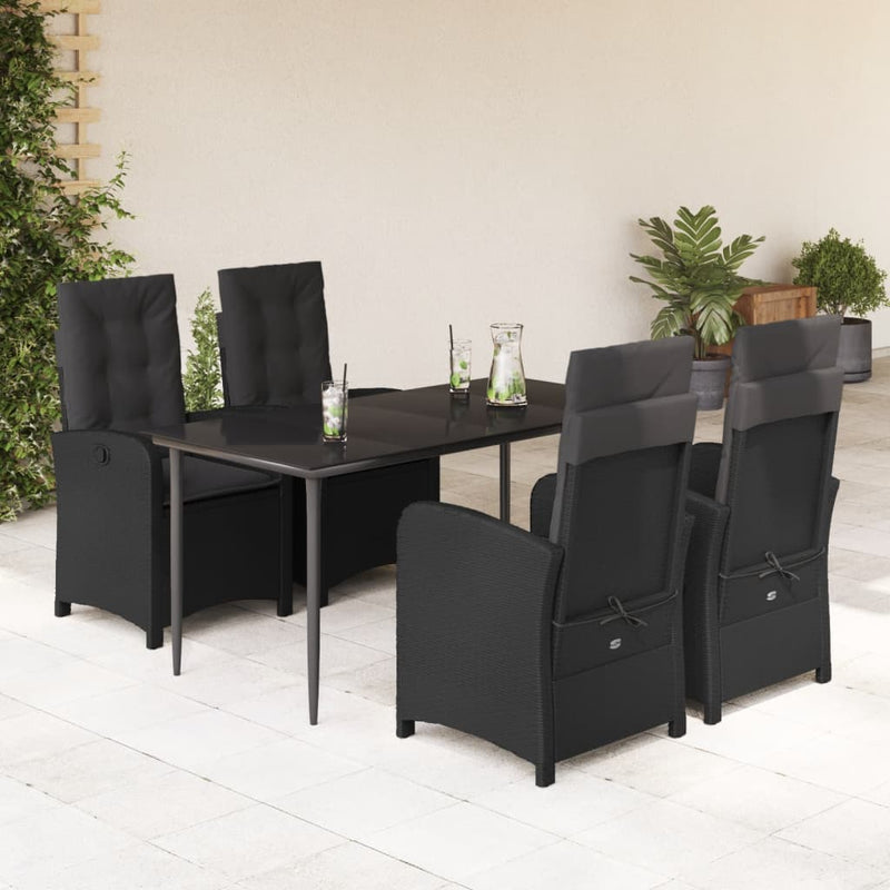 5 Piece Garden Dining Set with Cushions Black Poly Rattan