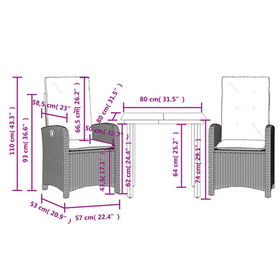 3 Piece Garden Dining Set with Cushions Black Poly Rattan